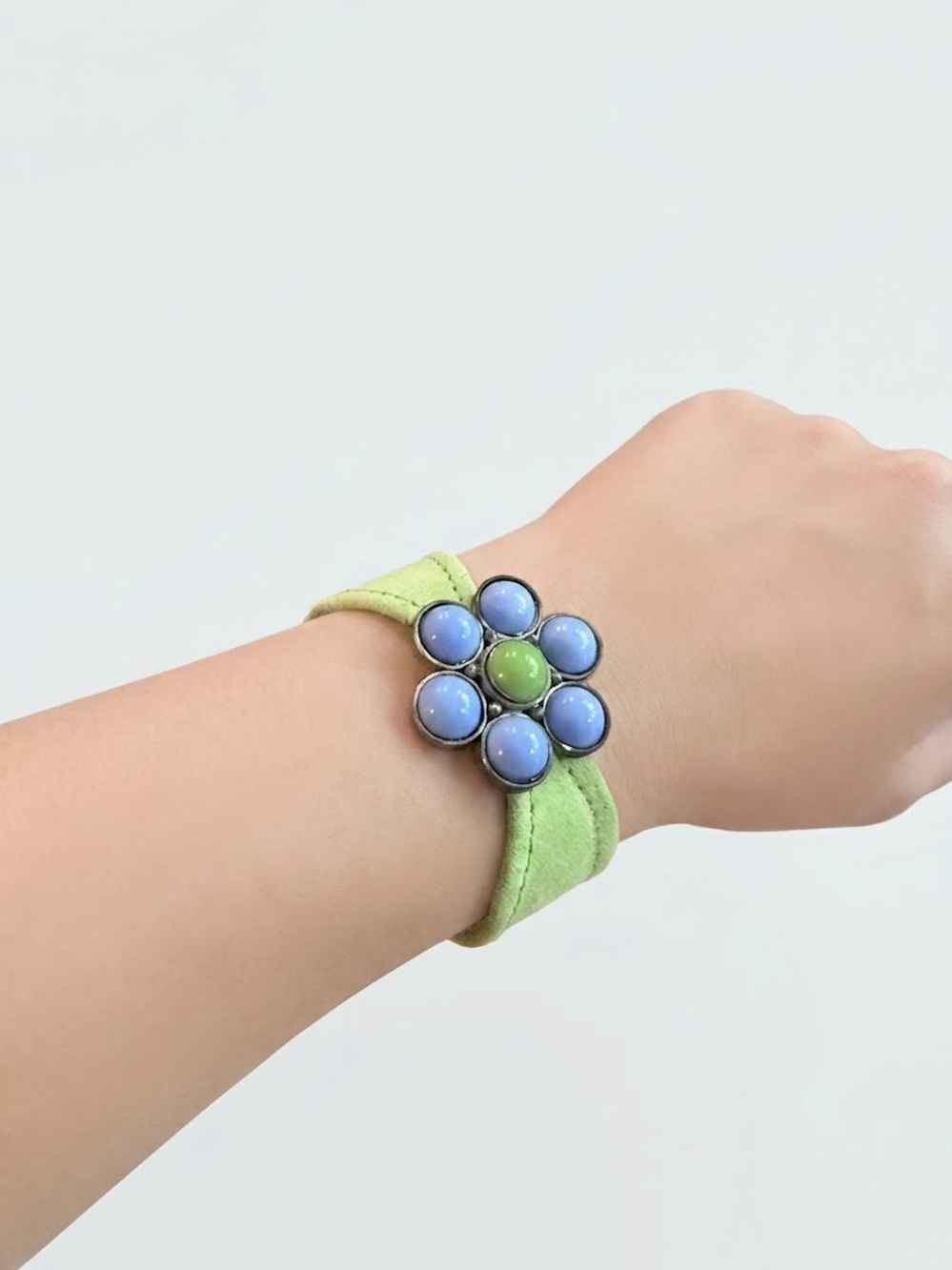Green Kids Suede Watch-Style Bracelet with Blue Flower Stones